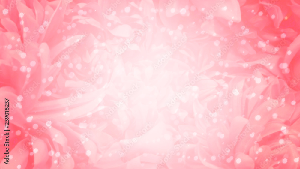 Pink flowers background with glowing sparkling bokeh lights. For Valentine's, Romantic events. Copy space at center