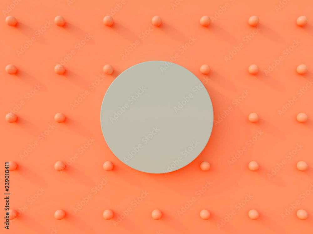 Pastel blue circle on a coral living background with coral pearls. Geometrical forms. Mockup for advertisement. 3d render.Color wall. Minimal background. 