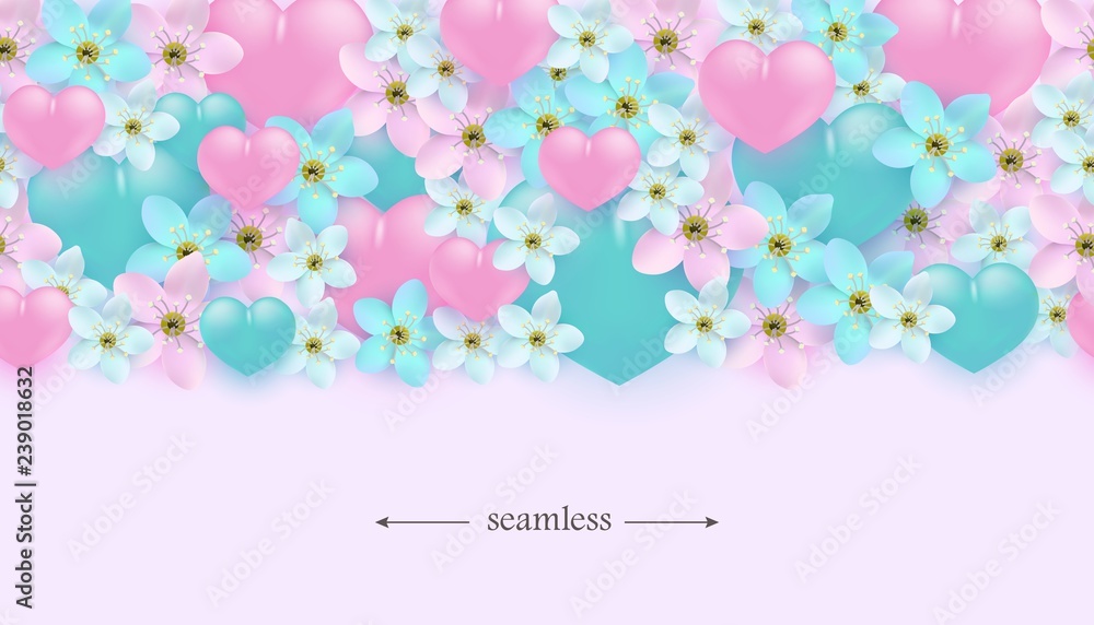 Vector illustration of hearts and flowers horizontal seamless border pattern. Romantic ornament with pastel pink and turquoise elements in realistic style for surface holiday design.
