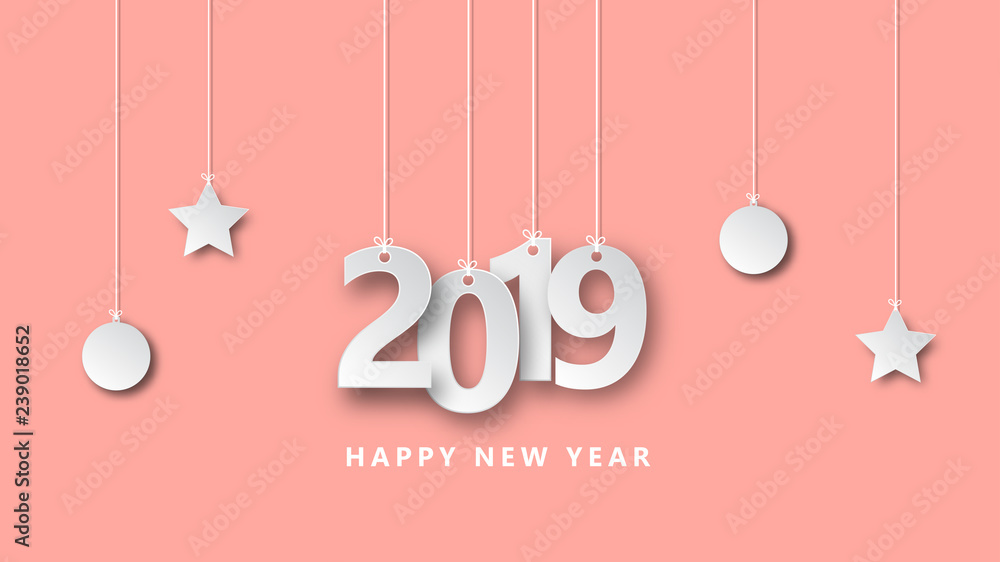 Naklejka premium Happy new year 2019 vector illustration creative design paper cut style.