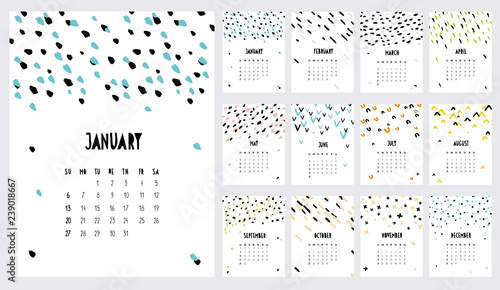 Handwritten Vector Calendar. 2019 Year. Monthly English Calendar. Colorful Simple Infantile Design. Childish Style Graphic. Brushed Dots, Stripes, Arcs and Crosses. Bright Multicolor Abstract Art.