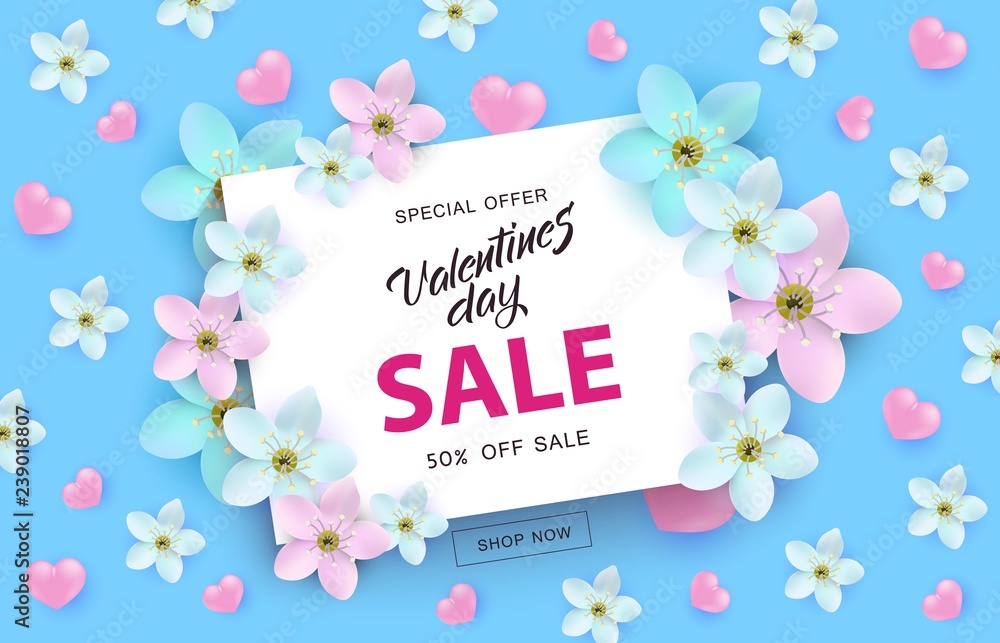 Valentines Day sale banner with sign on white rectangular card surrounded by pink and blue realistic hearts and flowers - vector illustration for 14 February special offer promotion.
