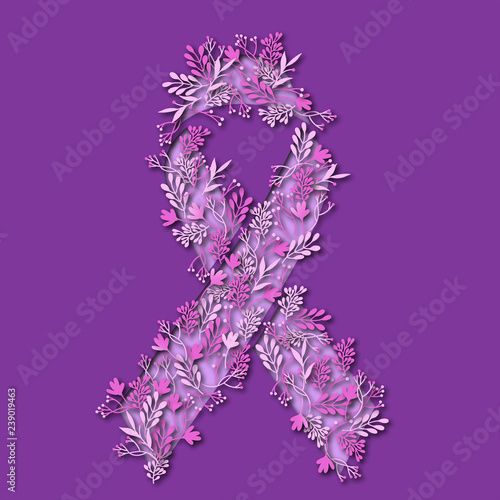 February 4, world cancer day, purple vector paper cut breast cancer symbol full with flowers and leaves 