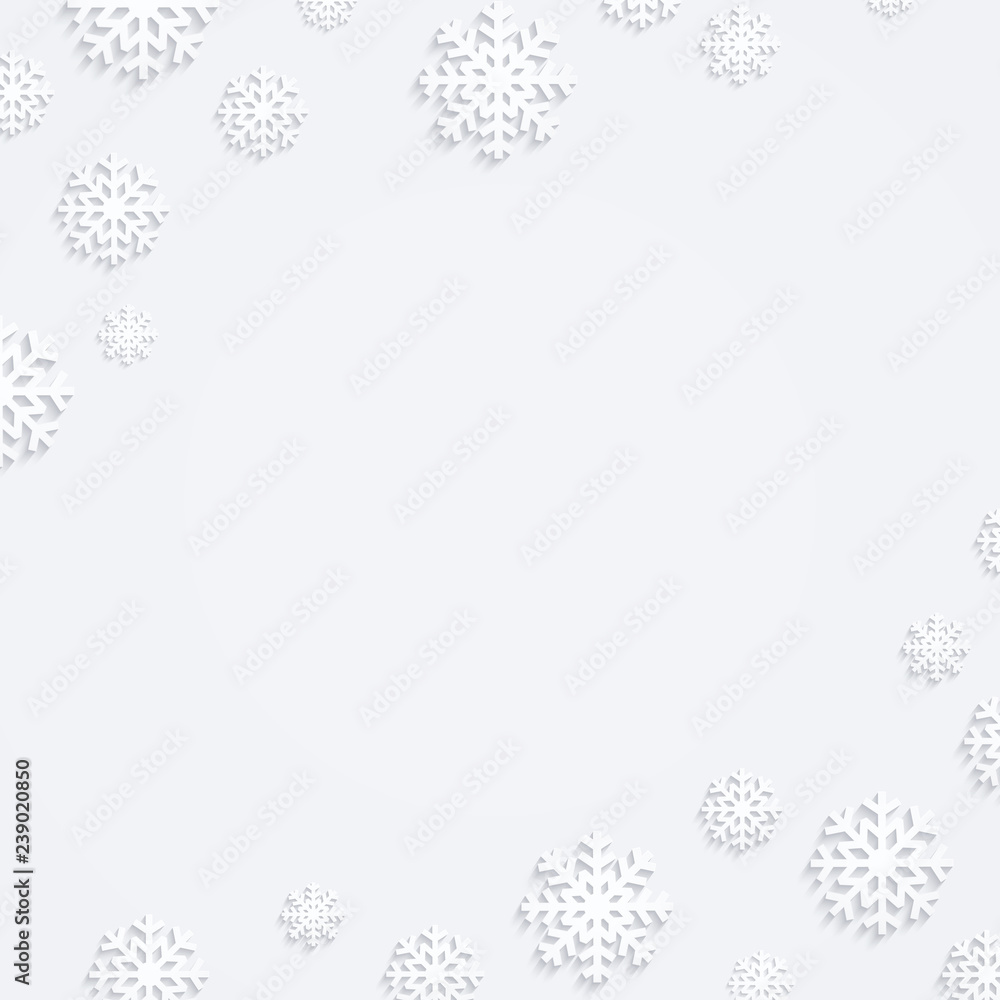 Christmas background with snowflakes, winter composition, flat design of snowflakes, top view.