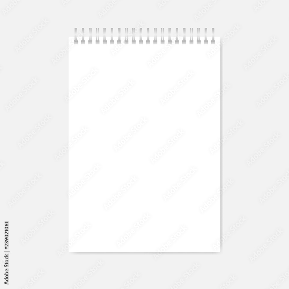 Light silver top wire spiral blank white A4 notebook, realistic mockup Light silver top wire spiral blank white A4 notebook, realistic mockup