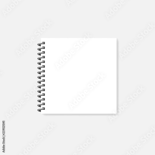 Wire bound square blank white notebook, realistic vector mockup