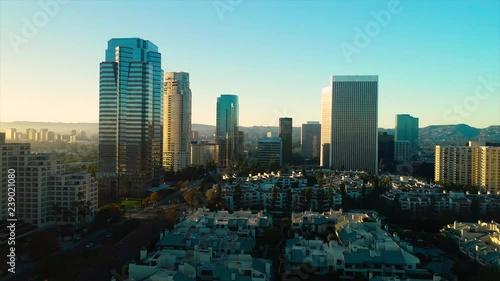 Studio City Los Angeles CA December 2018 sunset 5PM near skyline aerial view with Beverly Hills and the Santa Monica Mountains in background from helicopter drone plane