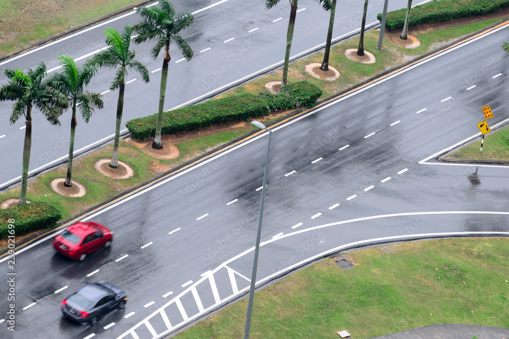 Wet asphalt road with cars. View from above. Road among palm trees. Malaysia.