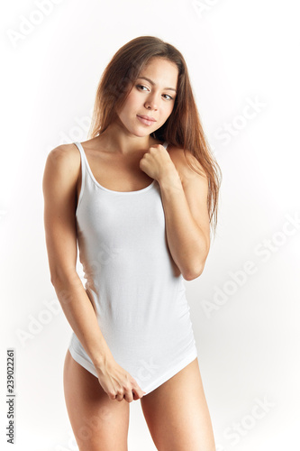 attractive sexy girl in stylish top isolated on the white background. copy space . beauty, wellness, people © alfa27