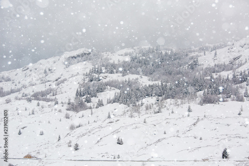 Snowfall in winter mountains