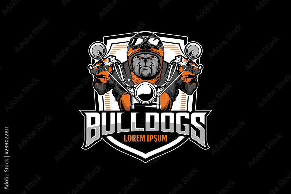 amazing bulldog cartoon character wearing helmet riding motorcycle vector logo template
