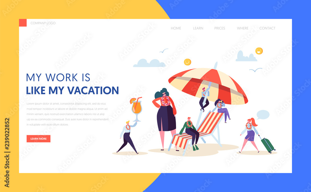 Happy Business Characters Vacation Landing Page. Office Manager Relax with Tropical Cocktail on Summer Holiday Resort Beach Concept for Website or Web Page. Flat Cartoon Vector Illustration