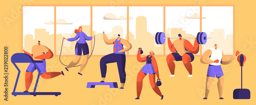 Gym Workout Character Set. Sport Cardio Fitness Man and Woman Figure Collection. Healthy Aerobic Weightlifter, Boxer Exercise with Dumbell. Flat Vector Illustration