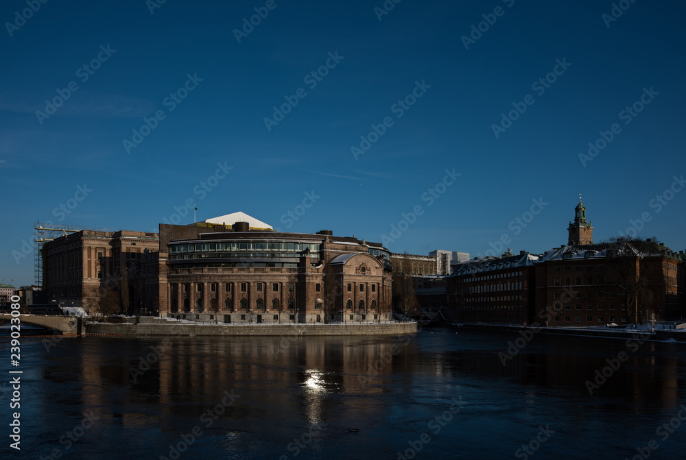 Government buildings in Stockholm at sunset a winter day
