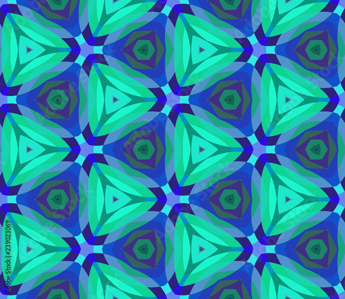 Seamless hexagonal bright pattern from geometrical abstract ornaments multicolored in blue and green shades on a dark background. Vector illustration. Suitable for fabric, wallpaper or wrapping paper