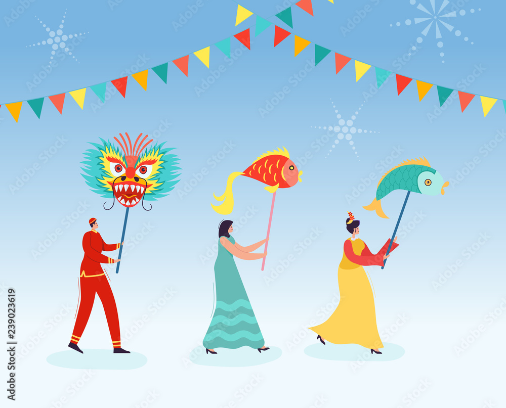 Chinese Lunar New Year People holding Dragon, Fish. Lion dance characters wearing china traditional costume on parade or carnival. Vector illustration