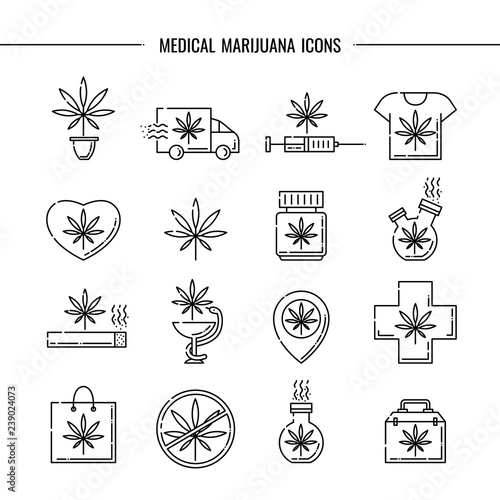 Medical marijuana icons vector illustration set - thin black outline symbols of cannabis leaf for drug consumption and hemp legalization concept isolated on white background.