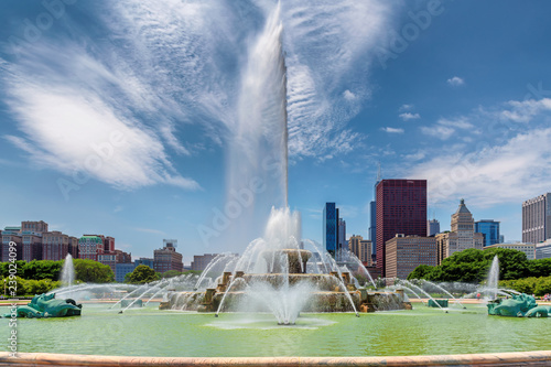 Buckingham fountain and  Chicago Downtown in Grant Park, Chicago, Illinois  photo