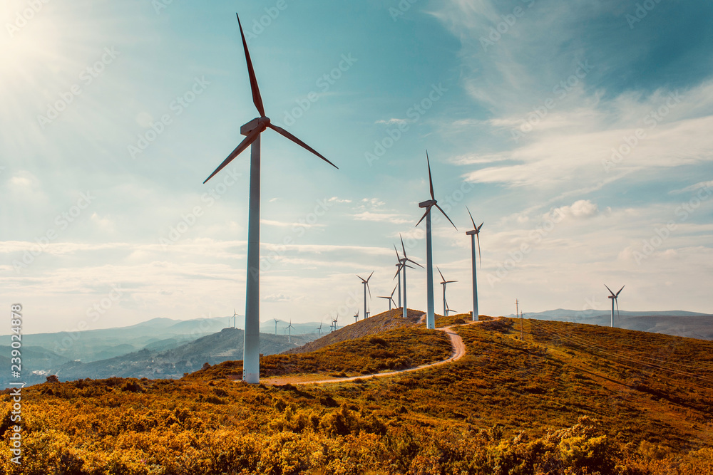 Ταπετσαρία Wind turbines on beautiful sunny summer autumn mountain landsape