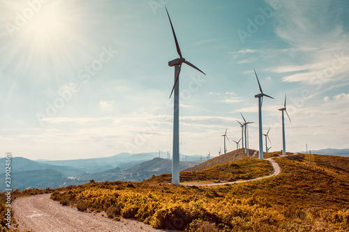 Wind turbines on beautiful sunny summer autumn mountain landsape. Curvy road through mountain Eolic park. Green ecological power energy generation. Wind farm eco field