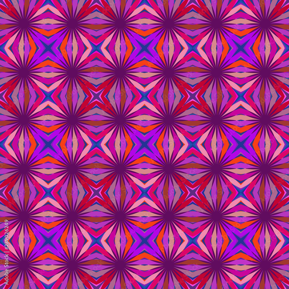 Seamless square bright pattern from geometrical abstract ornaments multicolored in purple and violet shades on a dark background. Vector illustration. Suitable for fabric, wallpaper or wrapping paper