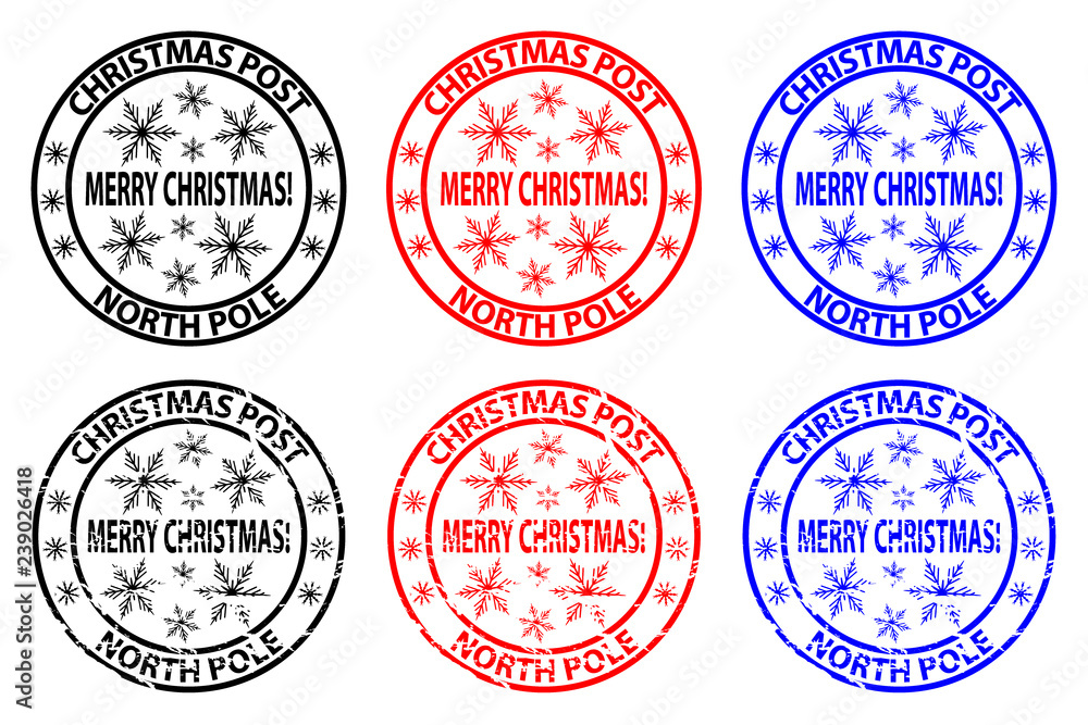 Merry Christmas, Christmas Post - North Pole - rubber stamp - sticker -  vector - black, red, blue, Stock Vector | Adobe Stock