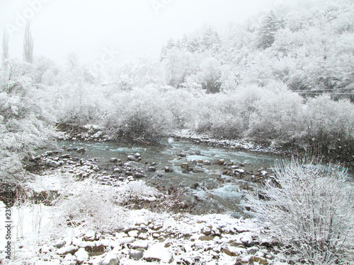 Paisaje invernal en Torla-Ordesa. Puerta al parque Nacional de Ordesa y Monte Perdido, lugar previligiado para disfrutar de estampas Navideñas y Invernales photo