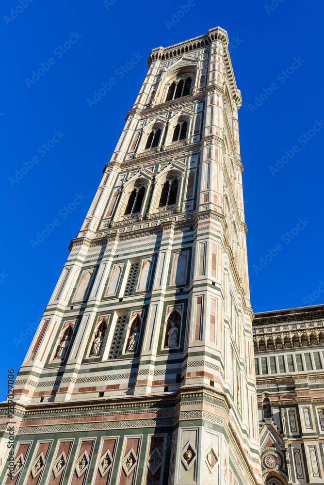 Giotto's bell tower in Cathedral of Santa Maria del Fiore, Duomo in Florence. Italy