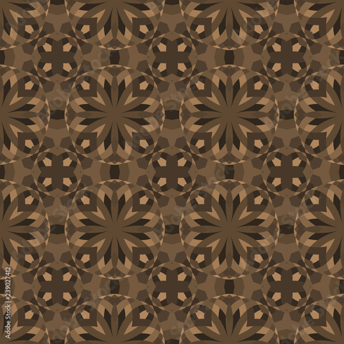 Seamless square pastel pattern from geometrical abstract ornaments multicolored in beige and brown shades on a dark background. Vector illustration. Suitable for fabric, wallpaper or wrapping paper