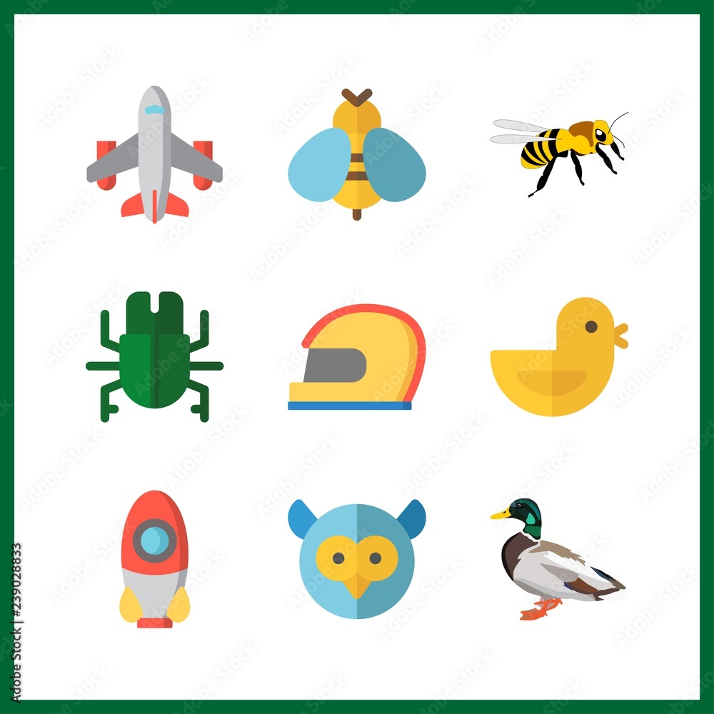 9 wing icon. Vector illustration wing set. bee and helmet icons for wing works