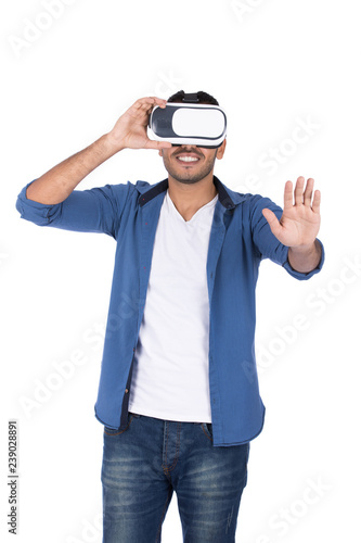 VR glasses player touching