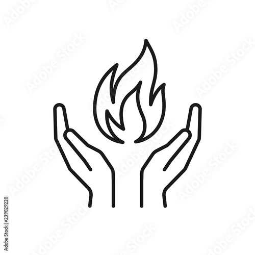 Isolated black outline icon of flame in hands on white background. Line icon of fire and hands. Symbol of healing.