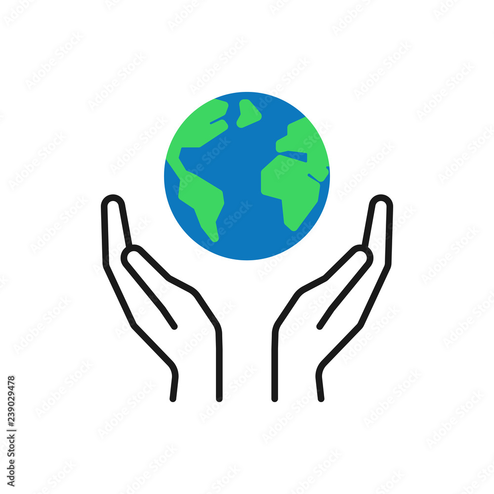 Isolated outline icon of green planet, earth in black hands on white background. Color globe and line hands. Symbol of care, protection. Save planet. Flat design. Isolated outline icon of green planet, earth in black hands on white background. Color globe and line hands. Symbol of care, protection. Save planet. Flat design.