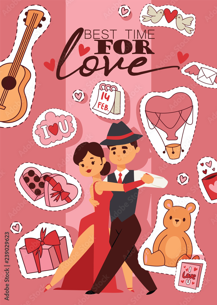 Valentines day vector illustration. Best time for love banner, poster, flyer, brochure with couple in love dancing passionately. Hearts, bear toys, gifts, sweets, guitar stickers.