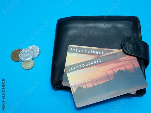 Photography black wallet with Istanbulkart transportation Istanbul plastic card and Turkish