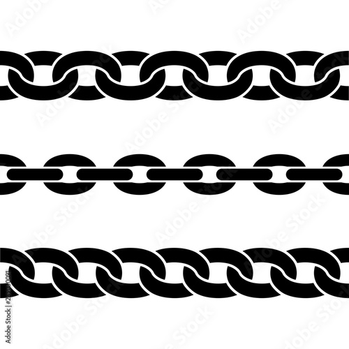 Set of black isolated silhouettes of chains on white background. Seamless pattern of chain. Decorative border.