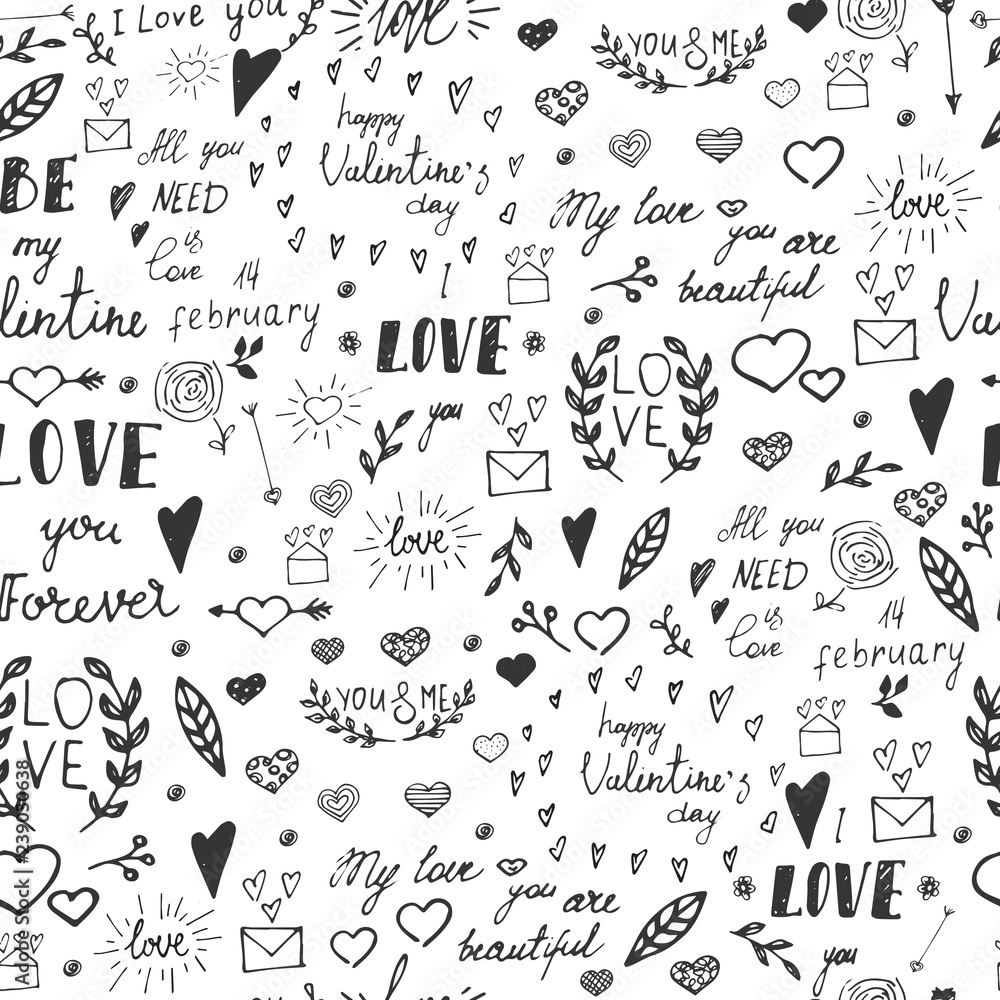 Seamless pattern with drawn design elements for Valentine's day. Hand drawn. Vector illustration
