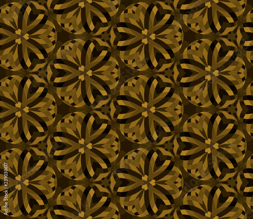 Seamless hexagonal pattern from geometrical abstract ornaments multicolored in brown shades on a dark background. Vector illustration. Suitable for fabric, wallpaper, wrapping paper