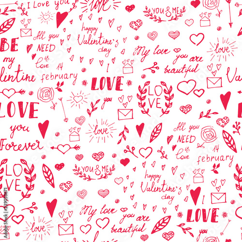Seamless pattern with drawn design elements for Valentine's day