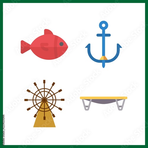 4 fishing icon. Vector illustration fishing set. boat rule and kid trapoline icons for fishing works