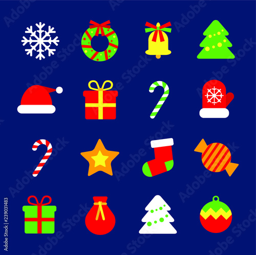 Christmas flat icons collection. Set of 16 elements for New Year decoration: gift, mitten, christmas tree, ball, candy cane, Santa's hat and bag, wreath, sock, bell. Vector images at dark background