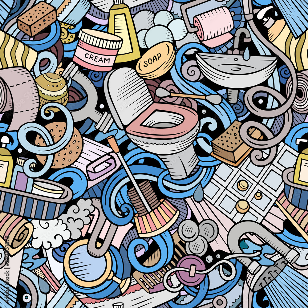 Obraz premium Bathroom hand drawn cartoon doodles seamless pattern.