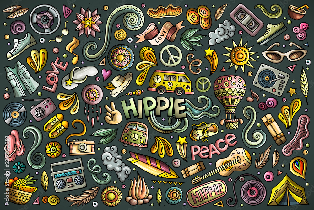 Cartoon set of Hippie objects and symbols