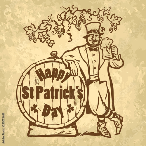 Vintage Happy St Patricks Day card or poster. Leprechaun character holding beer mug leaning on barrel with text. Hand drawn sketch vector illustration isolated on old paper. © Olena