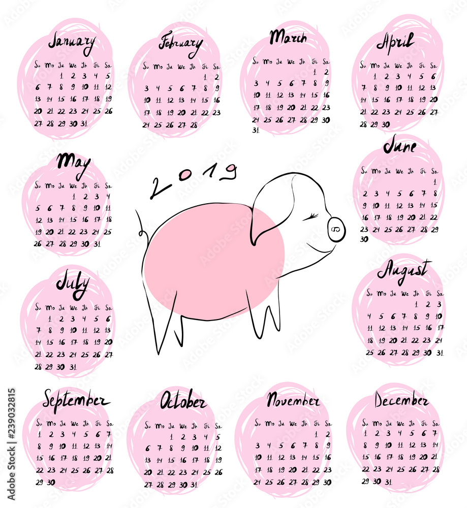 Hand-drawn calendar for 2019 with