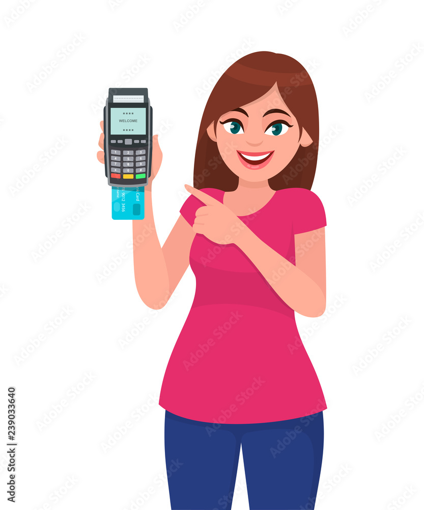 Young woman showing/holding pos payment terminal or credit/debit cards swiping machine and pointing finger. Wireless modern bank payment, business and finance concept illustration in vector cartoon. Young woman showing/holding pos payment terminal or credit/debit cards swiping machine and pointing finger. Wireless modern bank payment, business and finance concept illustration in vector cartoon.