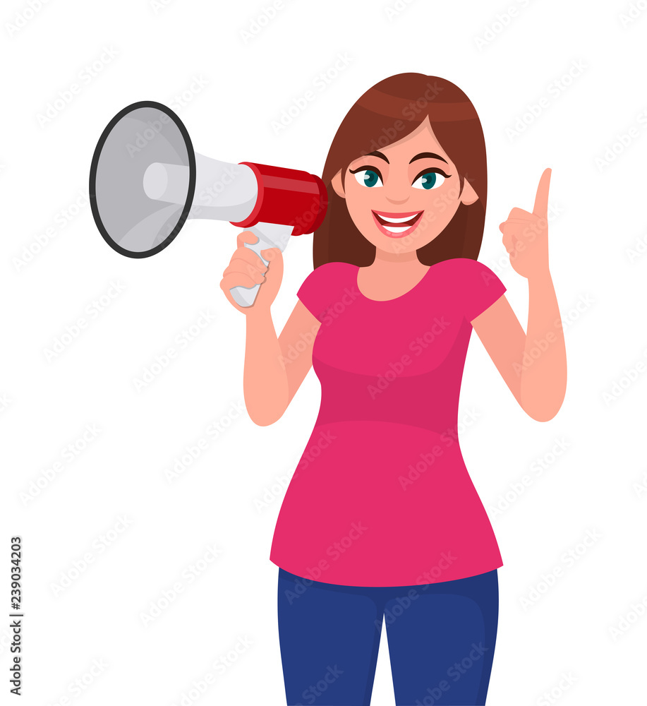 Beautiful woman holding a megaphone/loud speaker and pointing up index finger. Girl making announcement with megaphone. Megaphone and loudspeaker concept illustration in vector cartoon style. Beautiful woman holding a megaphone/loud speaker and pointing up index finger. Girl making announcement with megaphone. Megaphone and loudspeaker concept illustration in vector cartoon style.