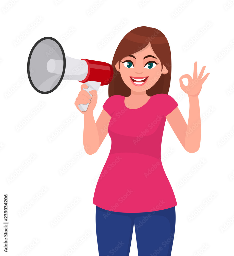 Young woman holding a megaphone/loud speaker and gesturing cool, okay/OK sign. Girl making announcement with megaphone. Megaphone and loudspeaker concept illustration in vector cartoon style. Young woman holding a megaphone/loud speaker and gesturing cool, okay/OK sign. Girl making announcement with megaphone. Megaphone and loudspeaker concept illustration in vector cartoon style.
