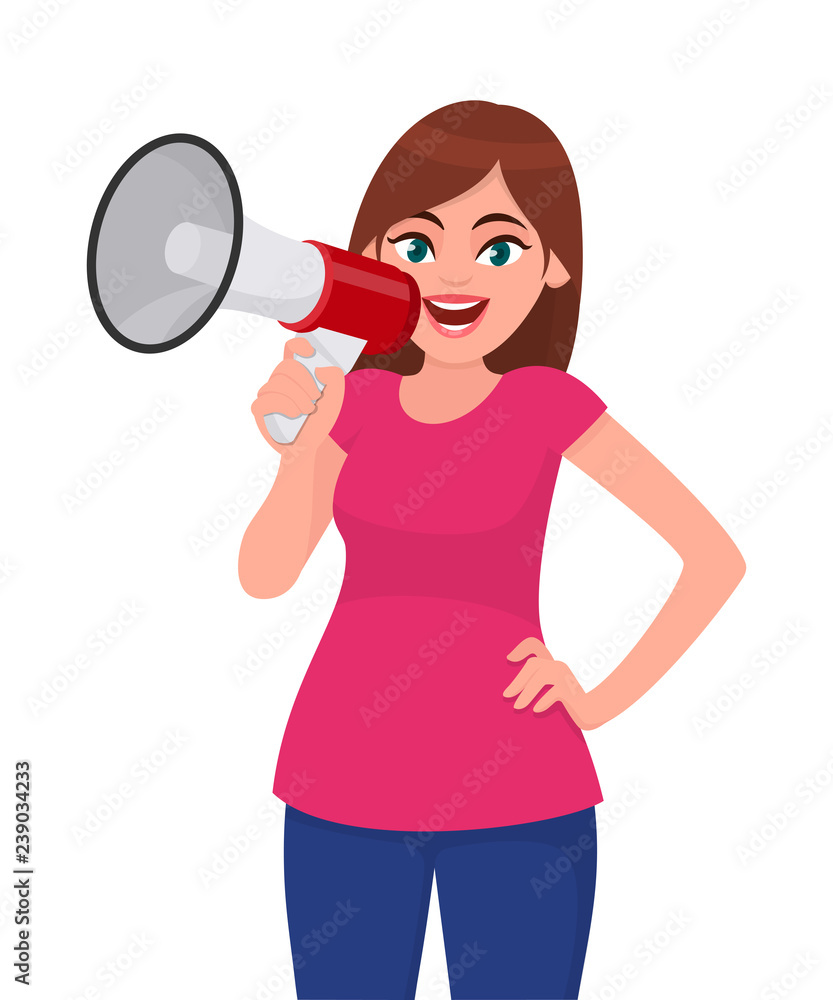 Attractive woman holding a megaphone/loud speaker and holding hand on hip. Girl making announcement with megaphone. Megaphone and loudspeaker concept illustration in vector cartoon style. Attractive woman holding a megaphone/loud speaker and holding hand on hip. Girl making announcement with megaphone. Megaphone and loudspeaker concept illustration in vector cartoon style.