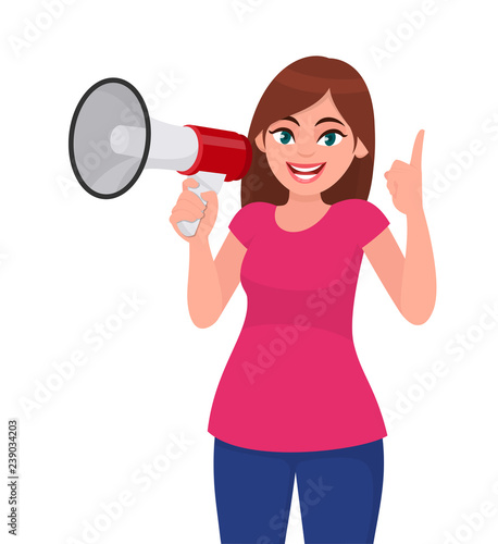 Beautiful woman holding a megaphone/loud speaker and pointing up index finger. Girl making announcement with megaphone. Megaphone and loudspeaker concept illustration in vector cartoon style.